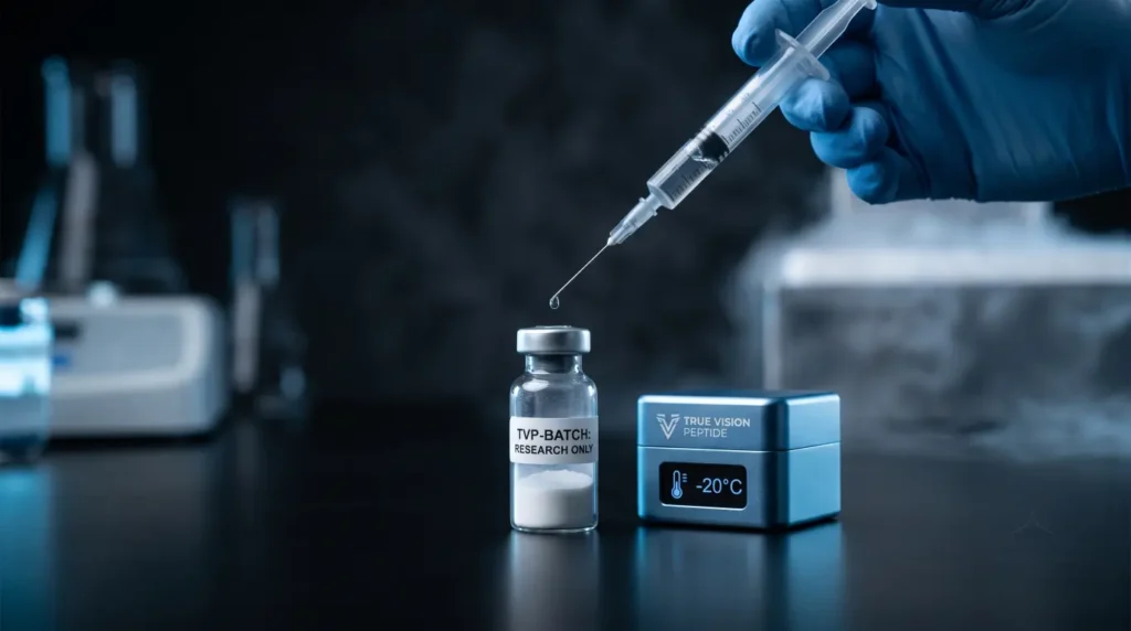 A gloved researcher holding a syringe above a lyophilized research peptide vial next to a True Vision Peptide digital cooling unit displaying -20 degrees Celsius in a dark laboratory setting.